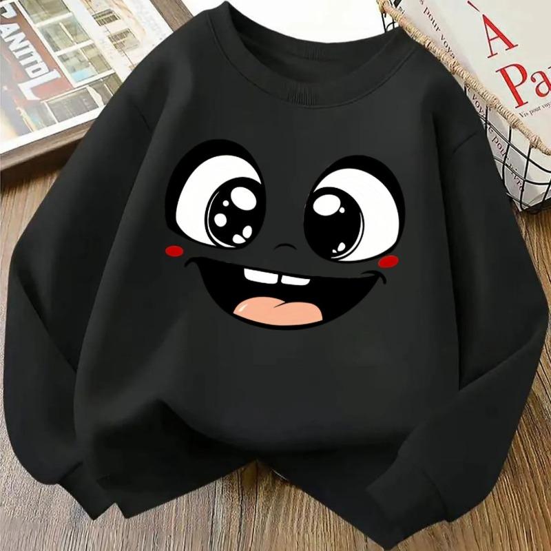 Kids Crewneck Sweatshirt, Cute Big‑Eyes Smiling Cartoon Face Print, Kids Long Sleeve Top, Casual Multi‑Color Options for Fall Winter