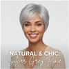 Peruca Sintética Curta Cacheada Cinza Prata Feminina, Pontas Repicadas, Rede Rosa, Aparência Natural para Uso Diário e Festas, Fácil de Estilizar