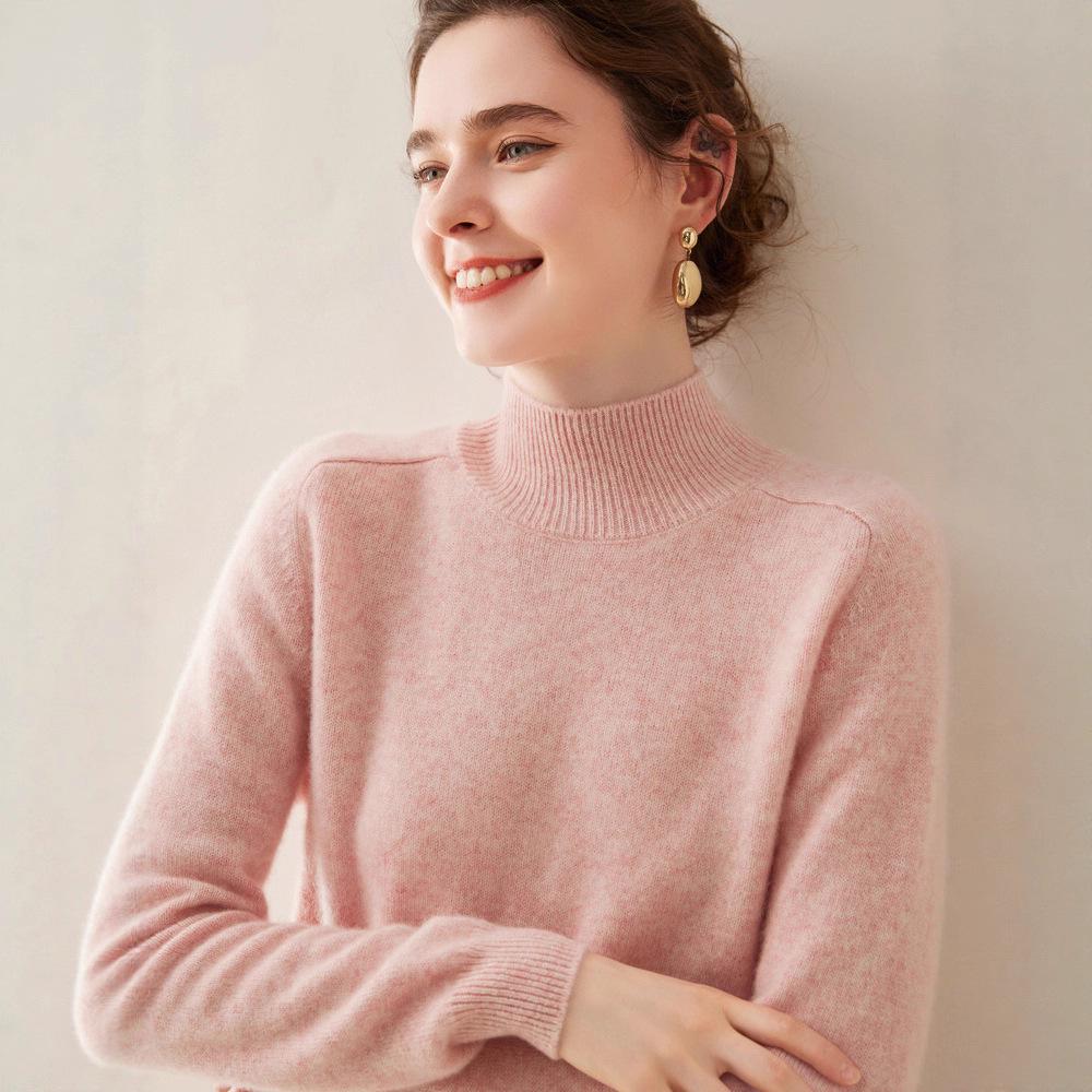 Women's Cashmere Half High-Neck Sweater - Autumn/Winter, Thickened, Solid Color, Loose Saddle Shoulder Knit.