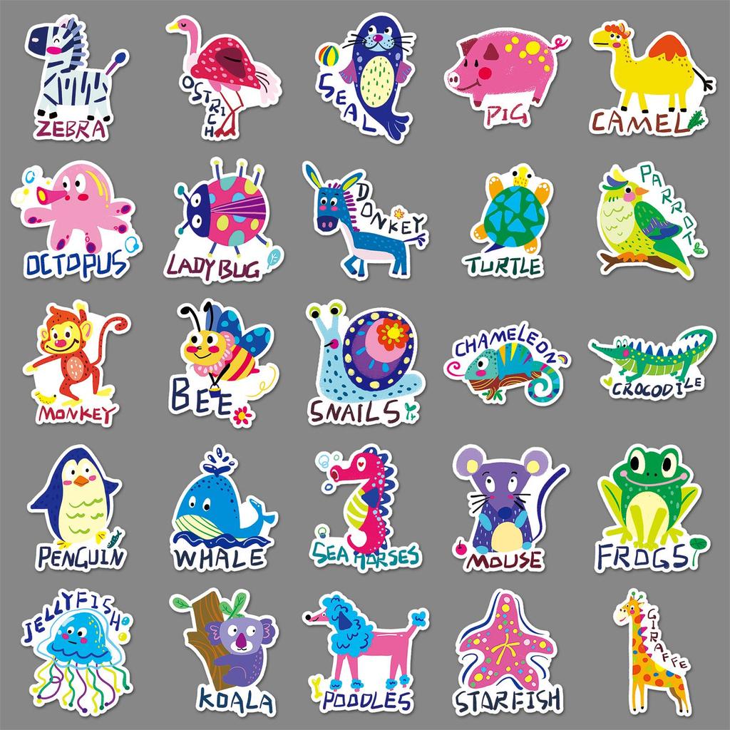50 Cute Animal Cartoon Waterproof Stickers for Cognitive Development - Ideal for Phones, Luggage, Skateboards & More