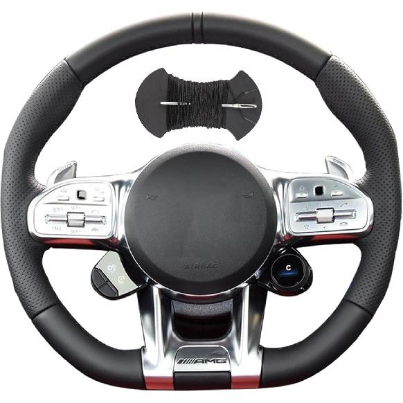 Car Steering Wheel Cover Microfiber Leather Stitch Wheel Wrap Fit for Mercedes Benz AMG C43 E53 S63 GLE G63,Black