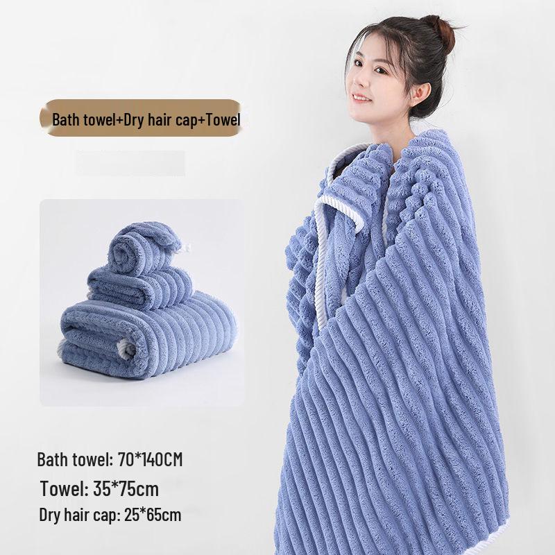 Coral Fleece Three-Piece Bath Set: Thick, Absorbent, Non-Shedding Towels with Hair Drying Cap.