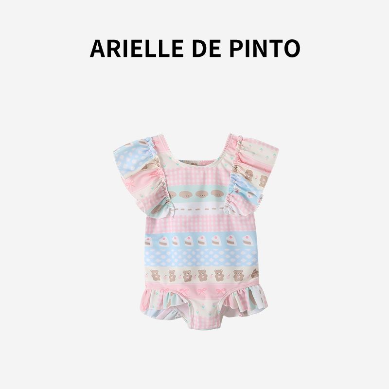 French Arielle De Pinto Girl Flounced Sleeve Bear Swimsuit Summer Fashion Sweet and Cute Girl Swimsuit Swimsuit 140