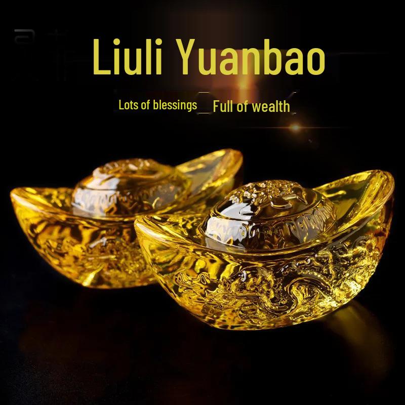 Gold Ingot Ornaments Set: Small, Medium, Large Yellow Crystal Wealth Decorations for Home and Living Room.