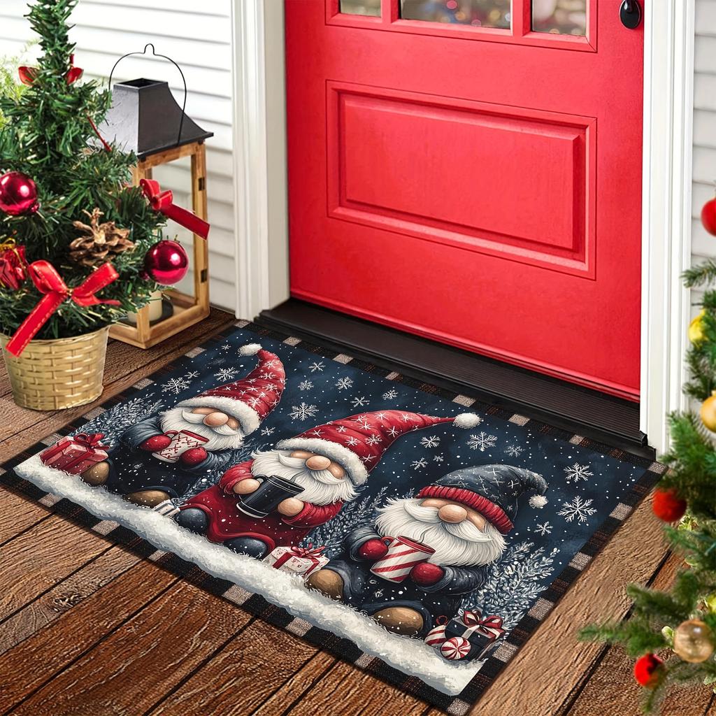 Festive Christmas Gnome Welcome Mat, Non-Slip Rectangular Doormat with Dual Edging, Machine Washable  Rug for Holiday Decor
