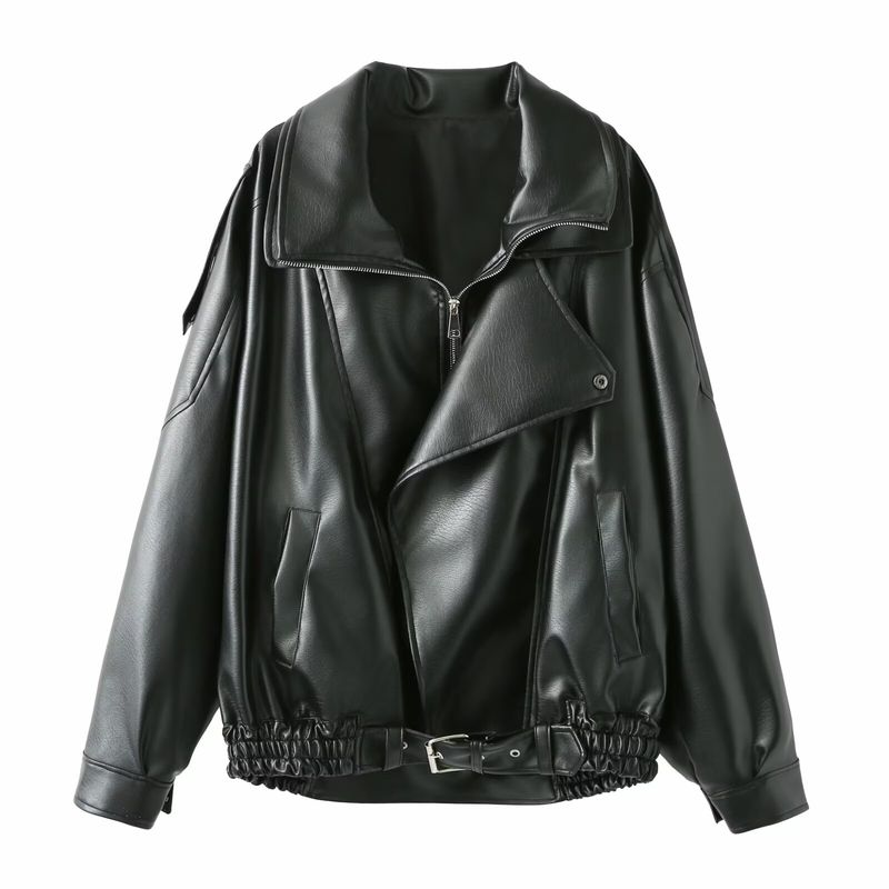 Kaslead New Arrival Women's Clothing Fashion Style Fashion All-Match Loose Long Sleeves Leather Jacket Coat