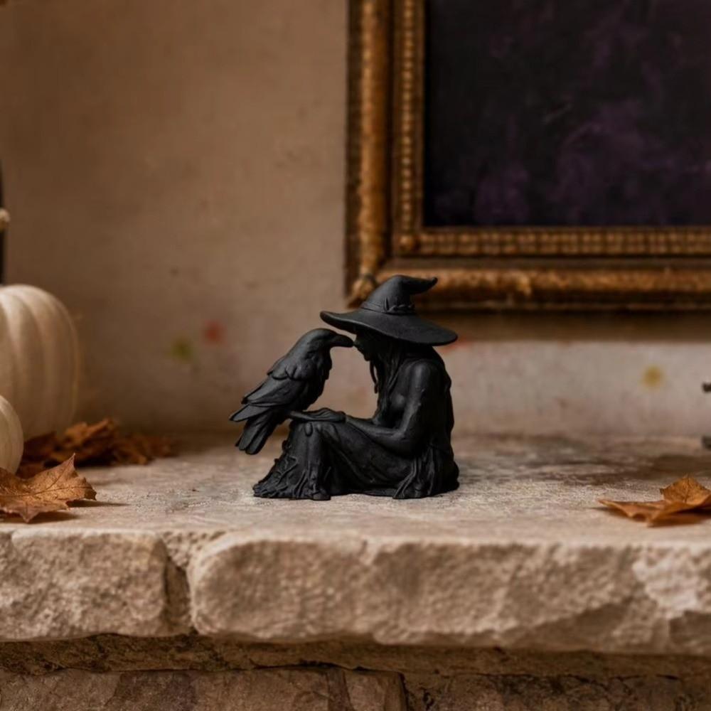 Desk Ornaments Witch Sculpture Gothic Style Halloween Decoration Bird and Girl Sculpture Office