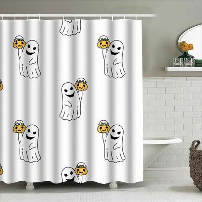 1Pccute Ghost Shower Curtain With Smiling Ghosts And Pumpkins Halloween Decor For Bathroom Kids Room