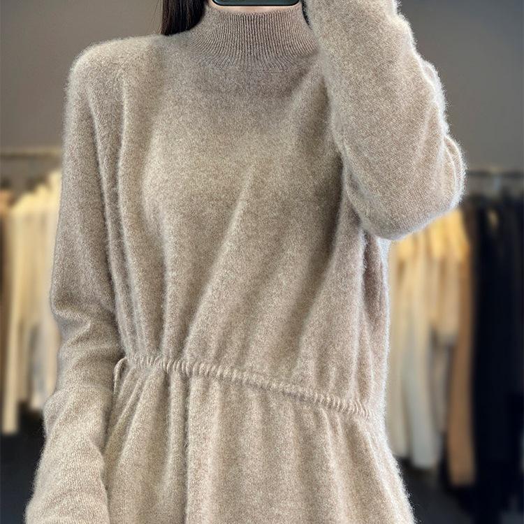 High-Neck Pure Wool Drawstring Sweater - Women's Autumn/Winter Loose Cashmere Knit
