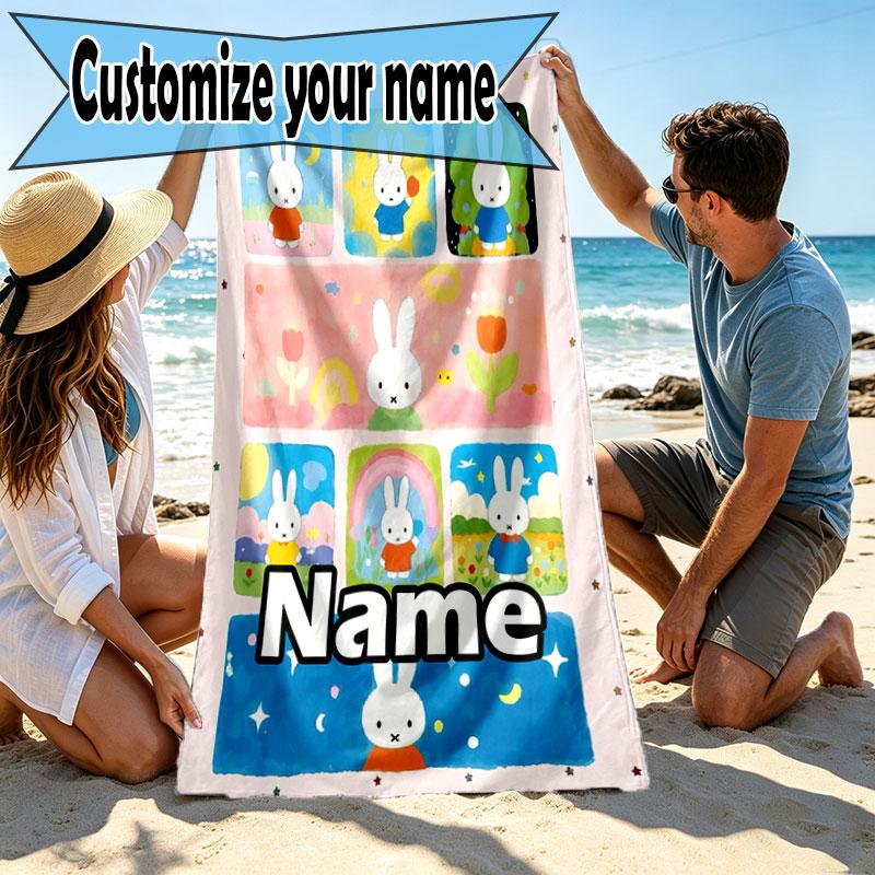 Custom Name Personalized Miffy Print Beach Towel, for Trip Camping Beach Party Home Decor, Birthday Gift for Family & Friends