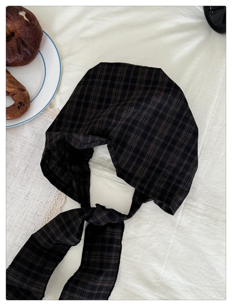 Japanese Plaid Tie-Up Headband Beanie for Women: Spring/Summer Fashionable Versatile Design