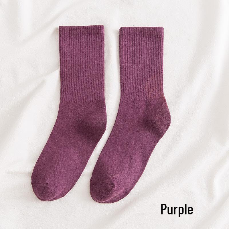 Women's Mid-Calf Cotton Socks - Solid Color, High Elasticity, Versatile Bubble Style for Autumn and Winter.