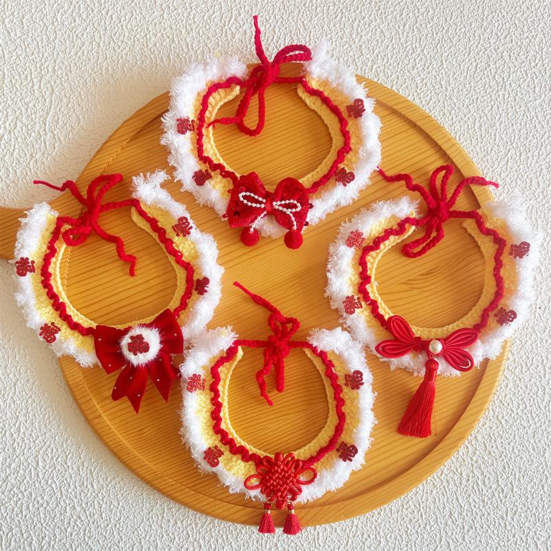 New Year Pet Scarf & Bib: Chinese Knot Wool Accessory for Cats & Dogs