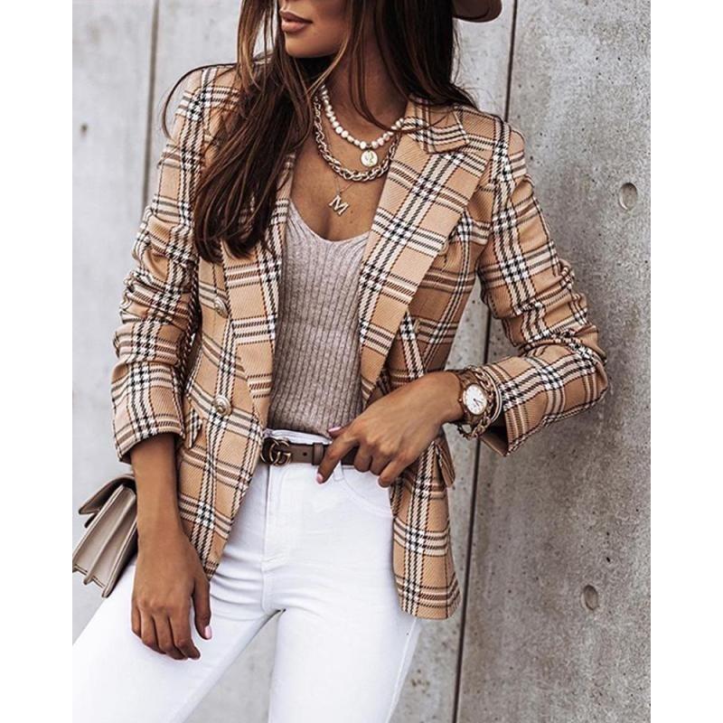 New Fashion Women's Small Suit Jacket Autumn Temperament Commuting Double-breasted Plaid Print Long-sleeved Jacket