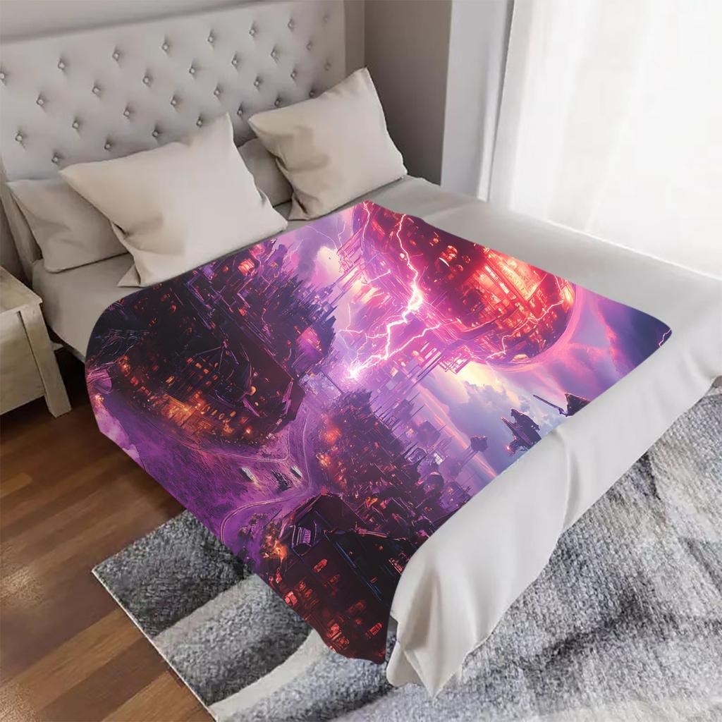 1pc Futuristic Cityscape Throw Blanket - Soft Flannel All-Season Warmth, Purple Pink Electric Design - Modern Home, Office, Camp