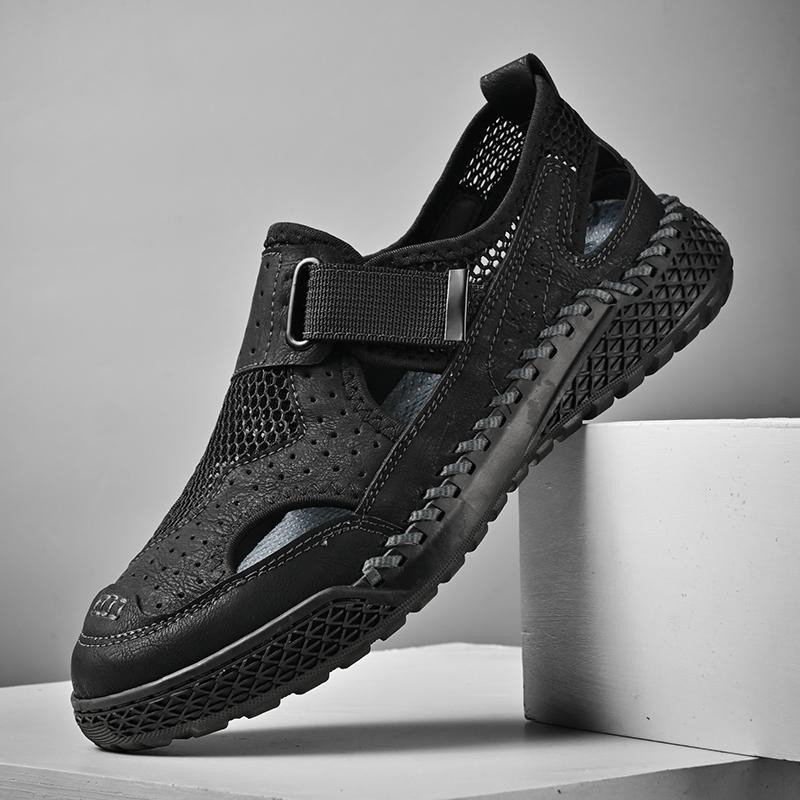 2024 Summer Men's Soft Leather Big Size Sandals Breathable Non-slip Cow Tendon Sole Casual Leather Shoes Outdoor Beach Shoes