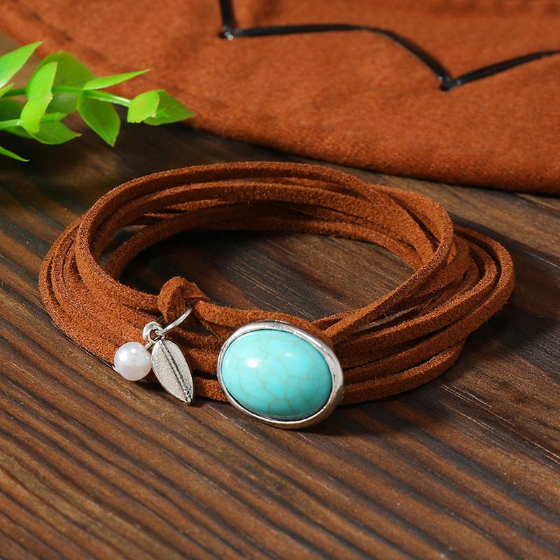 Bohemian Style Leather Rope Turquoise Pendant Necklace For Women Vintage Simple Jewelry Gifts Choker Accessories