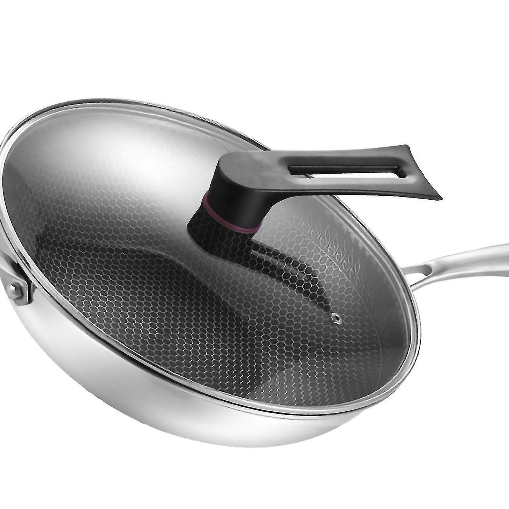 Poêle wok double face en acier inoxydable, nid d'abeille, 3 couches, antiadhésive, facile à nettoyer, pour cuisine, 34 cm (avec couvercle et oreilles)