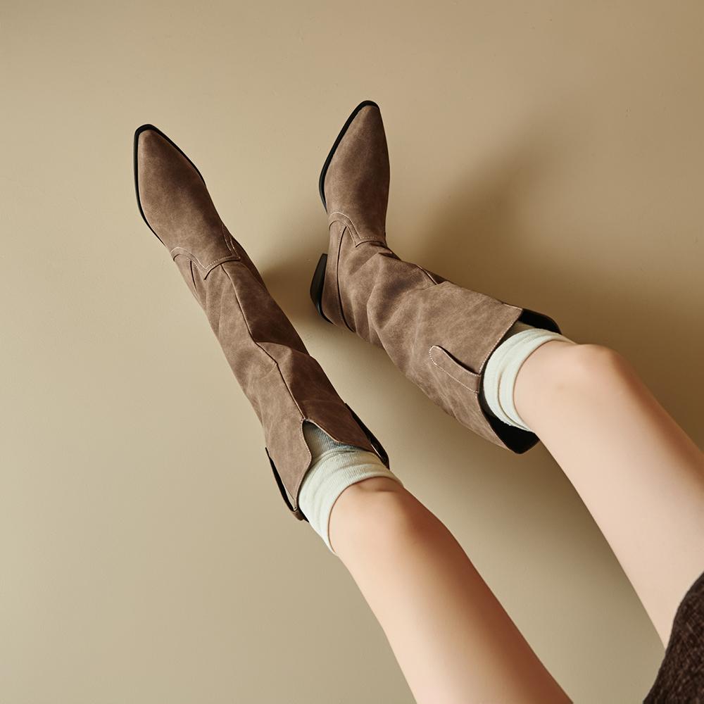 Grey Black Women Knee High Boots High Square Heel Small Big Size 32 48