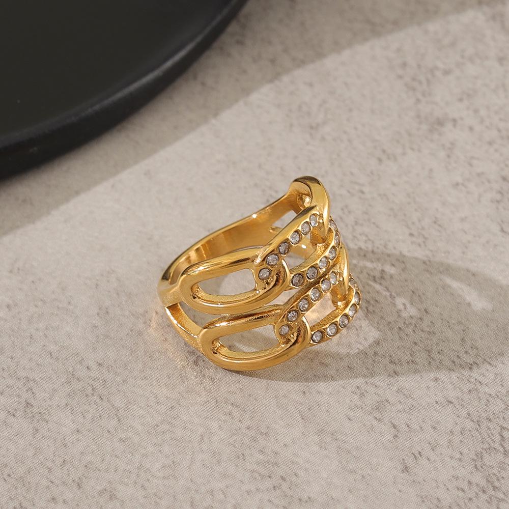 Elegant 18K Gold-Plated Double Layer Rhinestone Inlaid Hollow Stainless Steel Women's Ring