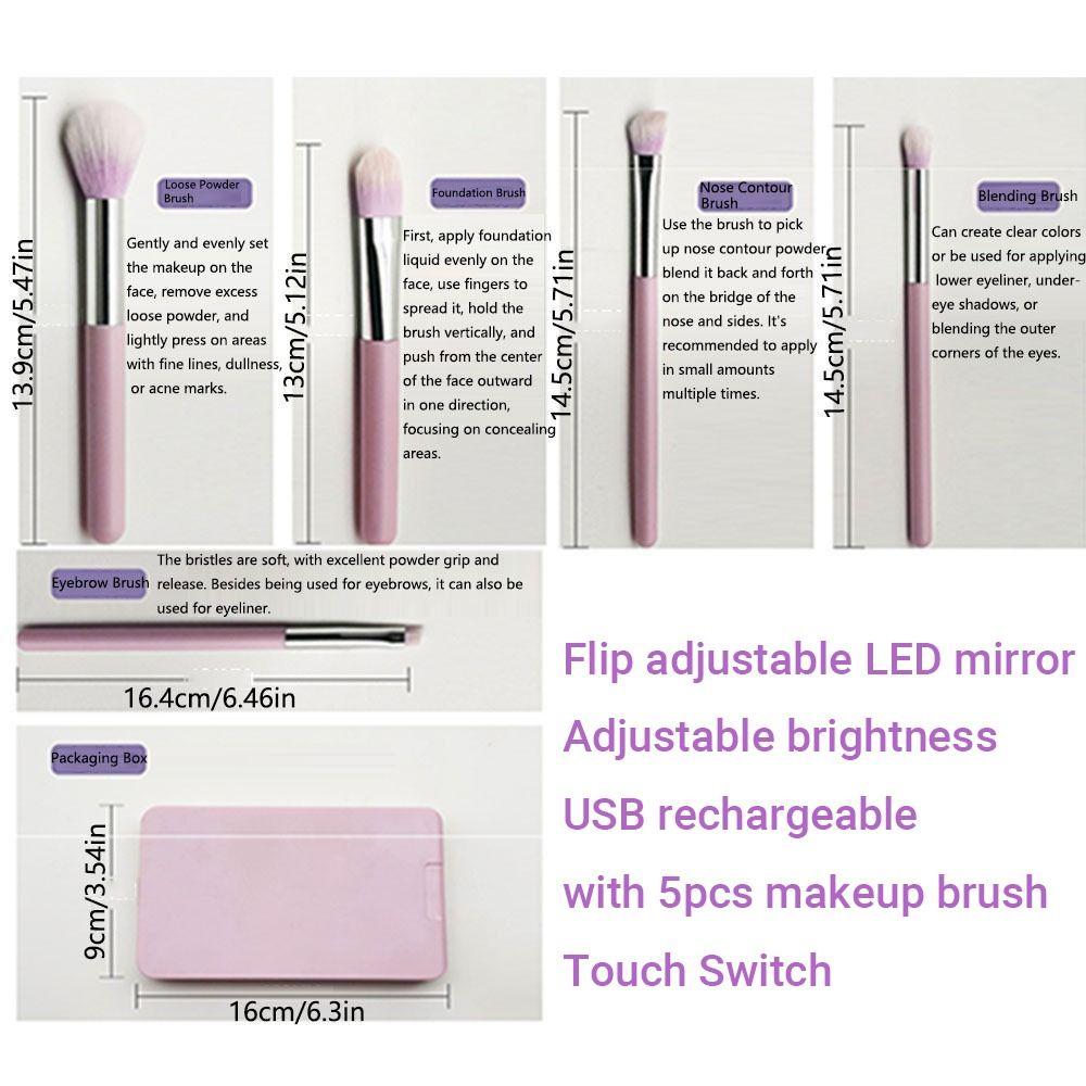 Rotatable Mirror LED Makeup Mirror Brush Set Mini Cosmetic Brushes Pocket Mirror  Dormitory