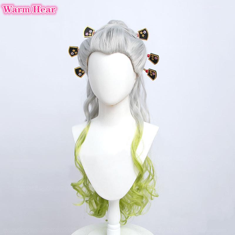 90cm Long Daki Synthetic Anime Silver Gradiented Green Curly With Headwear Heat Resistant Hair Halloween Party Role Play Wigs