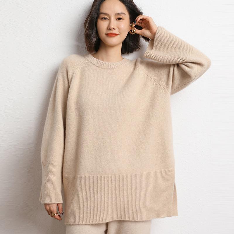 Lazy wind round neck loose large size sweater women's autumn and winter new casual hem split knitted sweater women