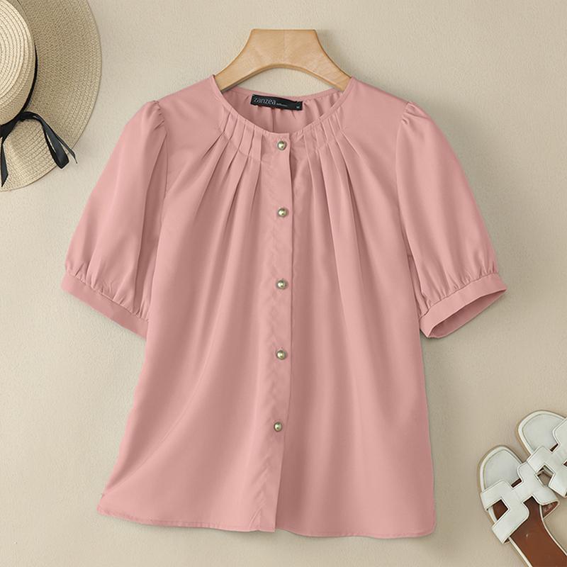 

ZANZEA Женская повседневная однотонная блузка с круглым вырезом и коротким рукавом 5XL розовый