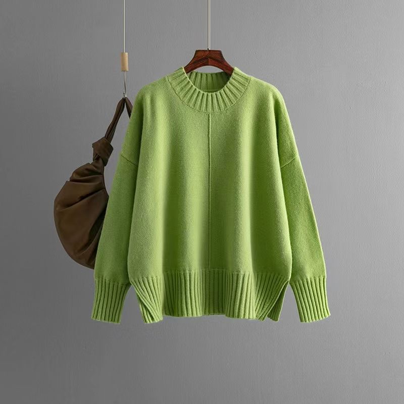 

Fashion Wind New Arrival Pure Color All-Matching Pullover Knitting Long Sleeves Loose Sweater Knitted Loose Sweater Green All yards