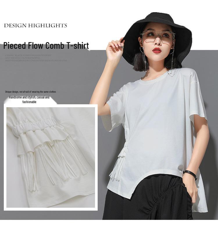European & American Summer Women's Lace Tassel T-Shirt: Short-Sleeved, High-Street, Ins-Style, Cold Splicing, Irregular Design.