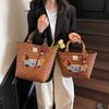 Vintage Striped Dachshund Handwoven Vegetable Basket Handbag Women's Large Capacity Commuter Bag Handheld Bucket Bag