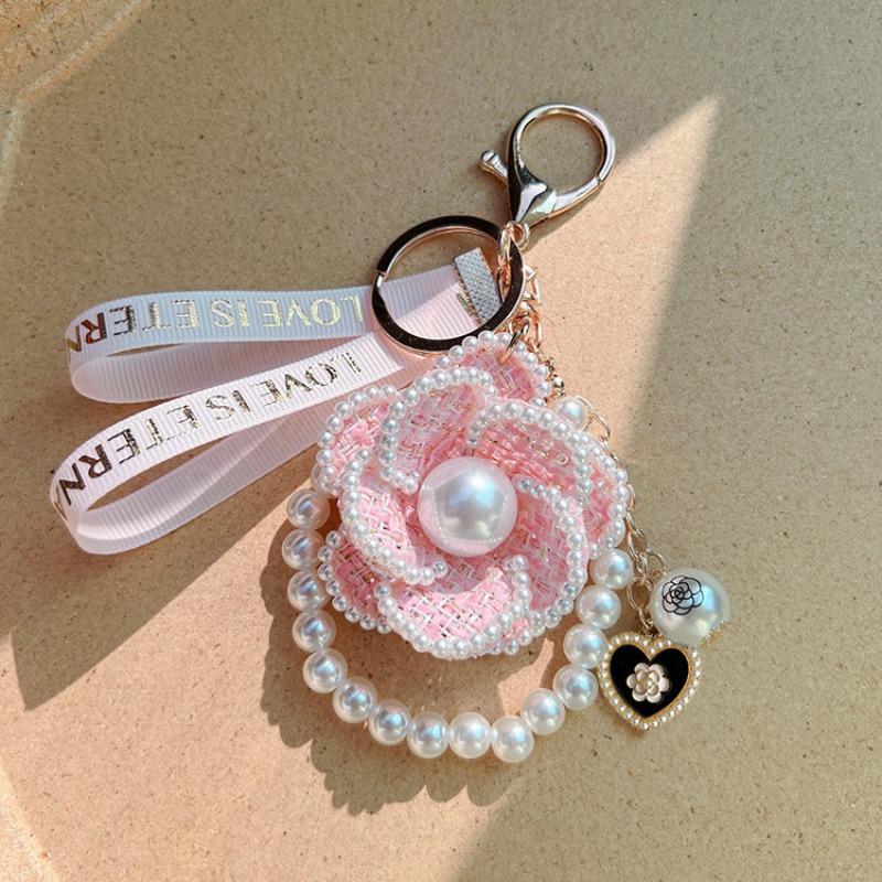 Korean Style Pearl Camellia Car Keychain Metal Key Ring Accessories Women Handbag Pendant Decoration Holiday Gifts