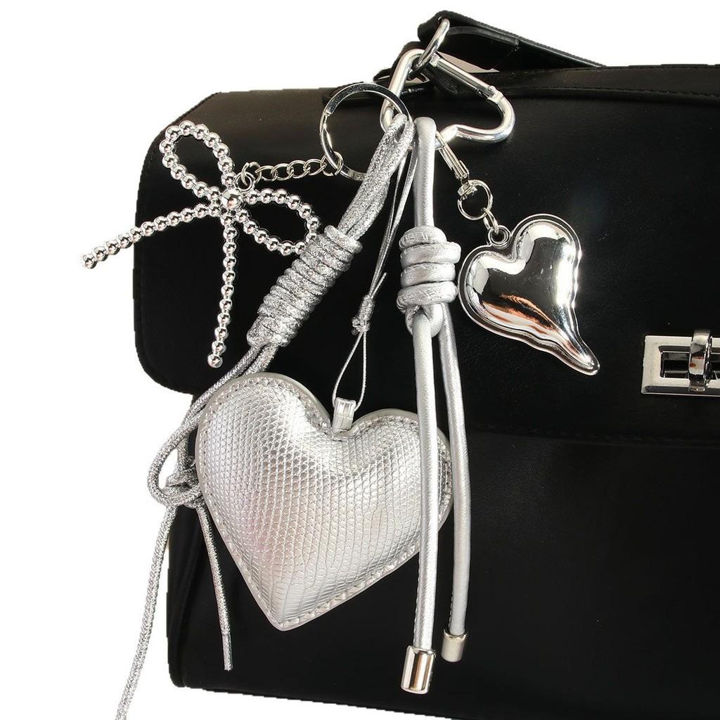 Miu Silver Heart Pu Keychain With Butterfly Bow Woven Rope For Fashion Accessories