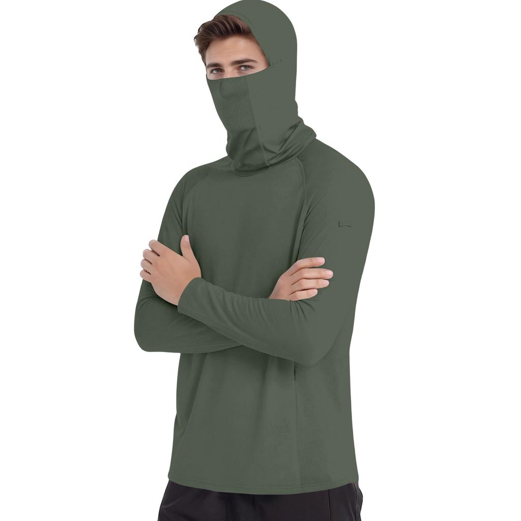 Long Sleeve Hooded Shirt with Built In Face Covering Lightweight Breathable Fabric for Outdoor Activities Men