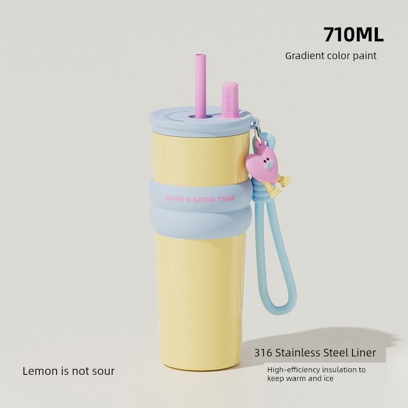Large-Capacity Thermos Cup for Girls, New Office Water Cup, Giant Student Cup with Handle and Straw, High Aesthetic Value