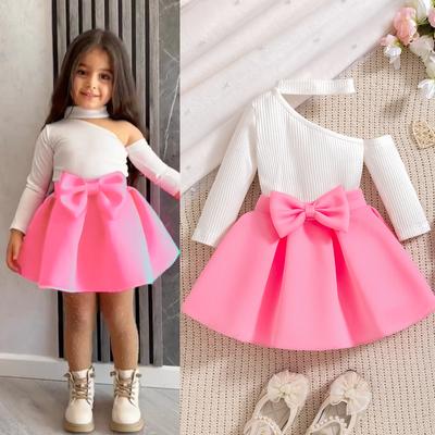 9M-4Y Girls Skirt Suit Princess Spring and Autumn Personality Slash Shoulder Neck Long-sleeved Top + Bow Ruffle Skirt Suit