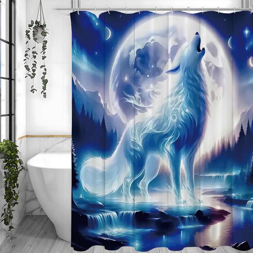Wolf Moon Shower Curtain, Bathroom Decorative Shower Curtain, Waterproof Shower Curtain with Hooks