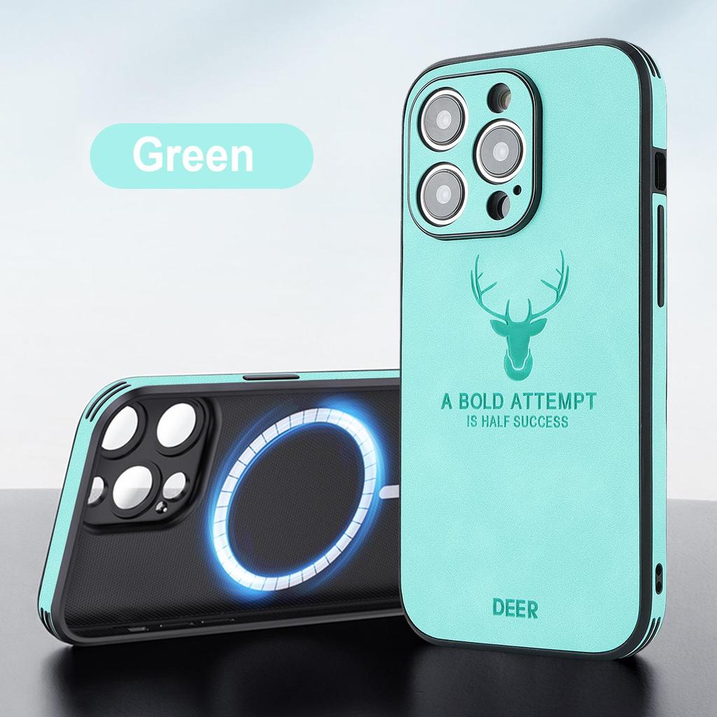 Magnetic Leather Phone Case for iPhone 11-16, Compatible with iPhone 12-15 Pro Max, Elk Head Design, Japanese & Korean Style