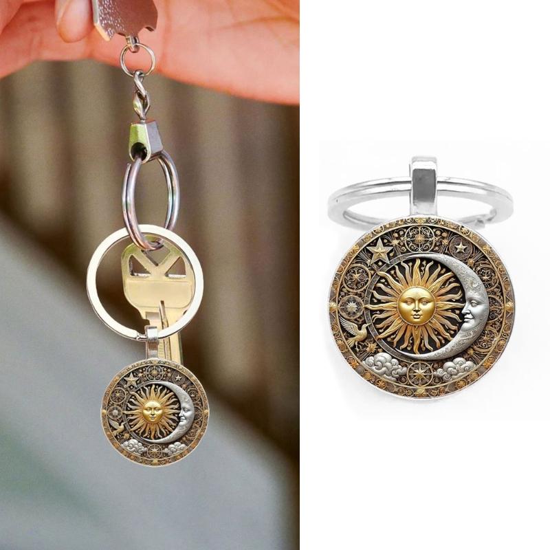 Compact Charm Keychain Galaxy Star Sun Moon God Vintage Design Key Ornament for Everyday Accessory