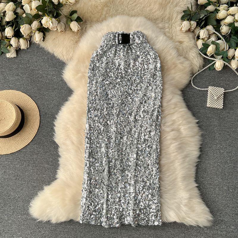 

INS Блестящая Облегающая Талию Стройнящая Длинная Юбка-Карандаш с Блестками Silver All yards