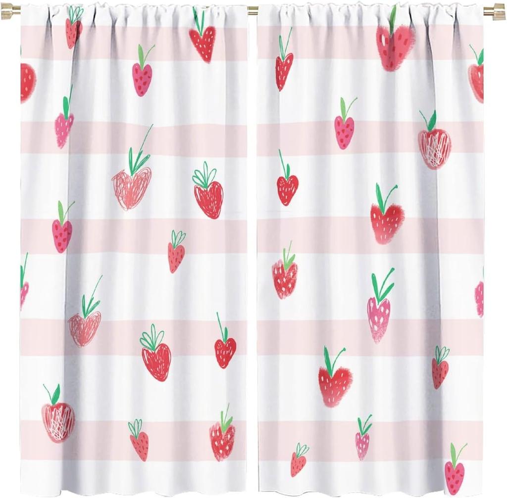 Boho Strawberries Curtains Cute Pink Bohemia Fruit Rod Pocket Blackout Window Treatment for Kitchen Living Room Girls Woman Room