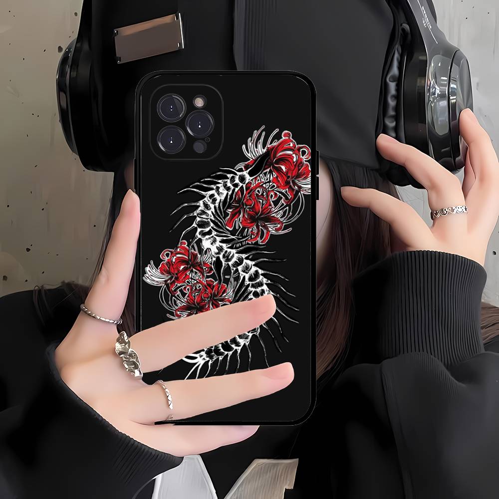 Rote Spinnenlilie Japan Kunst Schwarze Weiche Handyhülle Für IPhone 16 15 14 13 11 12 17 Pro Max Mini Plus