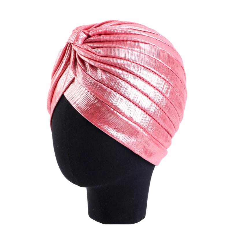 Nové dámské zlaté stříbrné turbanové čepice chemo bandana hidžáb plisovaná indická čepice turbante klobouk dámský šátek na vlasy muslimská pokrývka hlavy