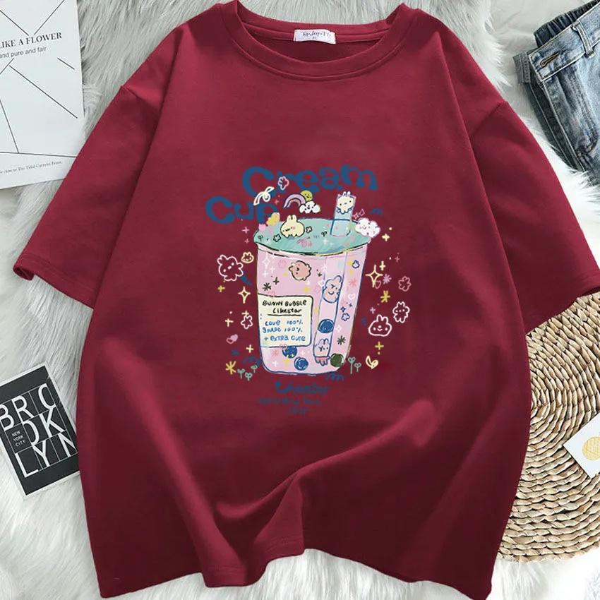 Summer Short Sleeve Tshirt Women Cartoon Print Round Neck Top Fashion Loose Tee