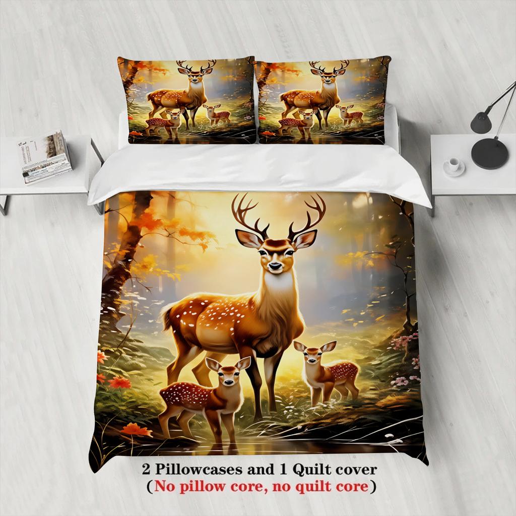 Deer Family Printed Duvet Cover For Kids Adult Warm Watercolor Style Autumnal Sunset 3PCS Full Bedding Sets With 2 Pillowcases
