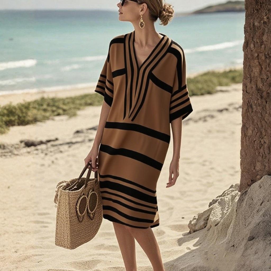 Damen Freizeit Bequem Baumwolle Leinen Kurzarm Tunika Strandkleider Mit Taschen