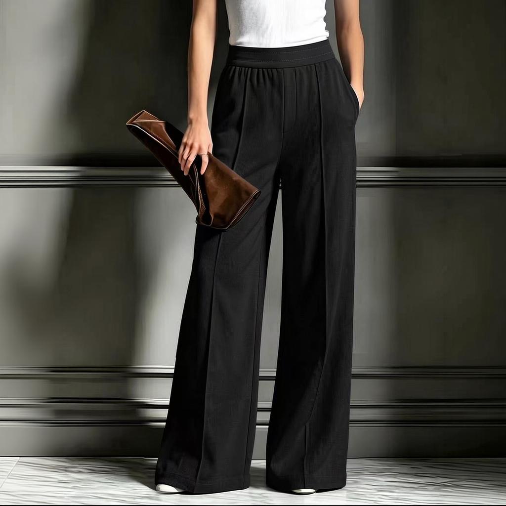 Lässige Damen-Hose mit weitem Bein und Taschen, Gerippte Strickhose in Farbe für Alltagsoutfits