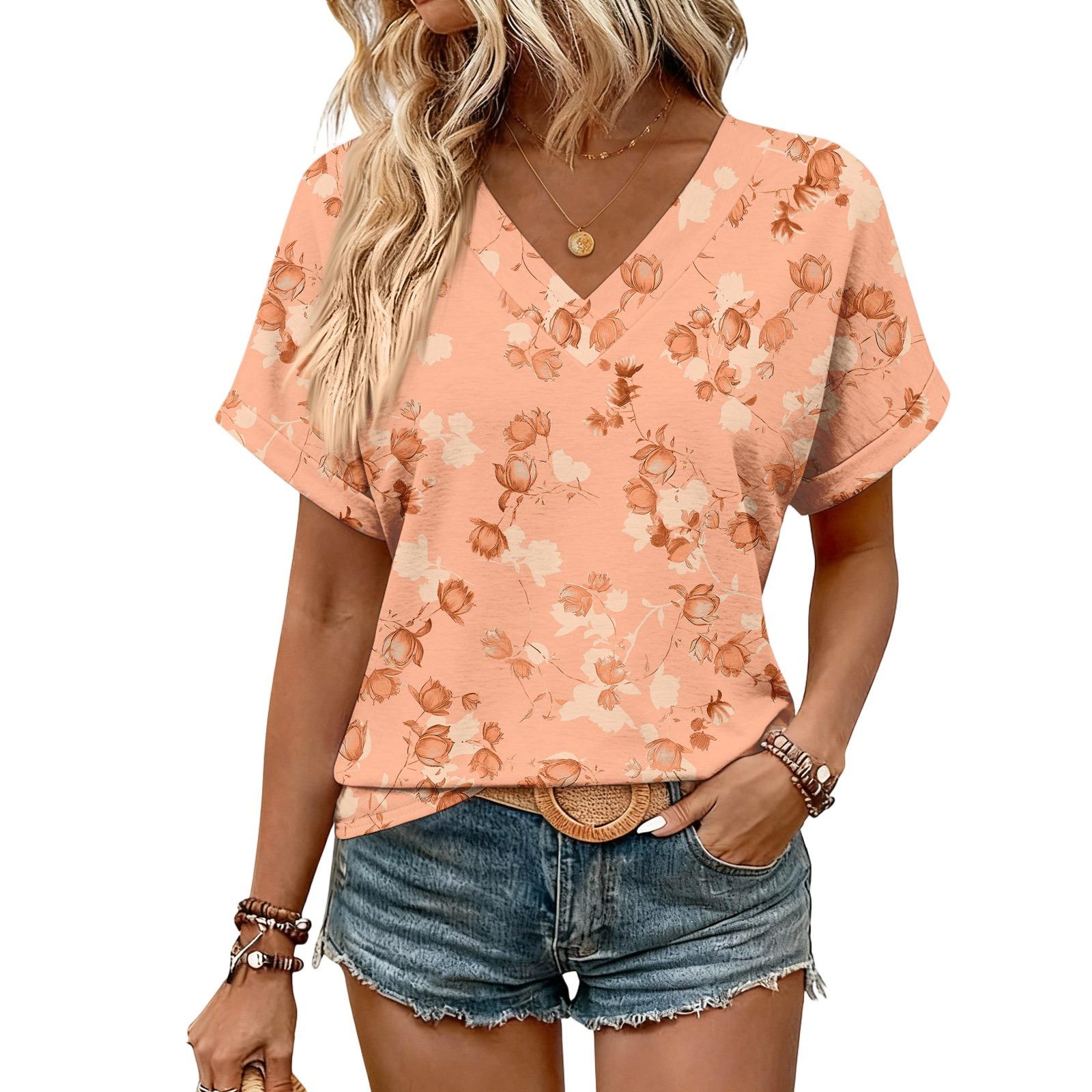 

Женские летние топы с коротким рукавом и V-образным вырезом, повседневные и нарядные, летние блузки, туника M оранжевый