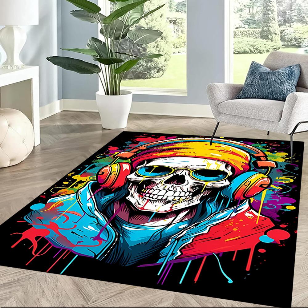 Skull With Headphones Artwork Floor Mats for Living Room, Bedroom and Room Decoration Are Suitable for Gifts.