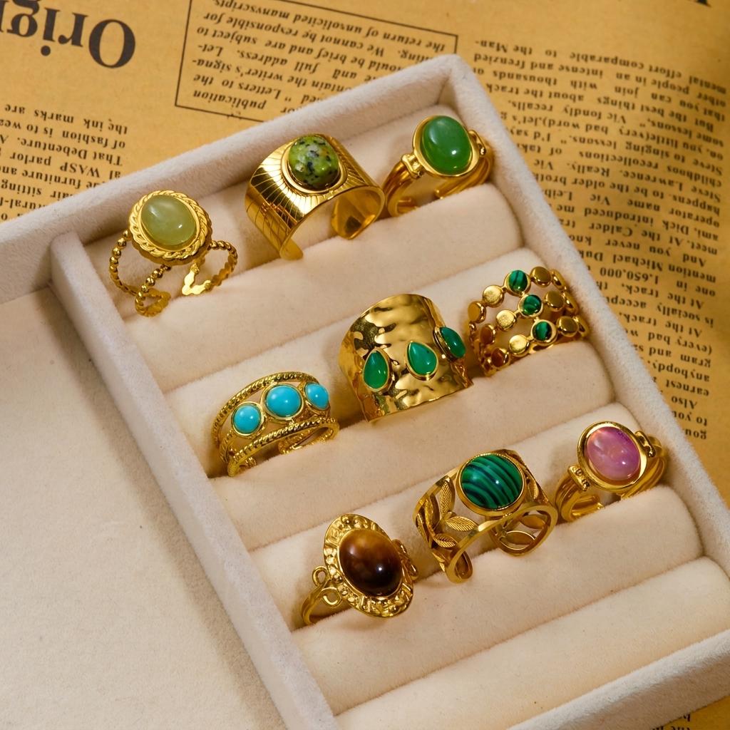 Vintage Natural Stone Stainless Steel Rings for Women Men Trendy Gold Plated Hollow Geometric Ring Finger Accessories Jewelry